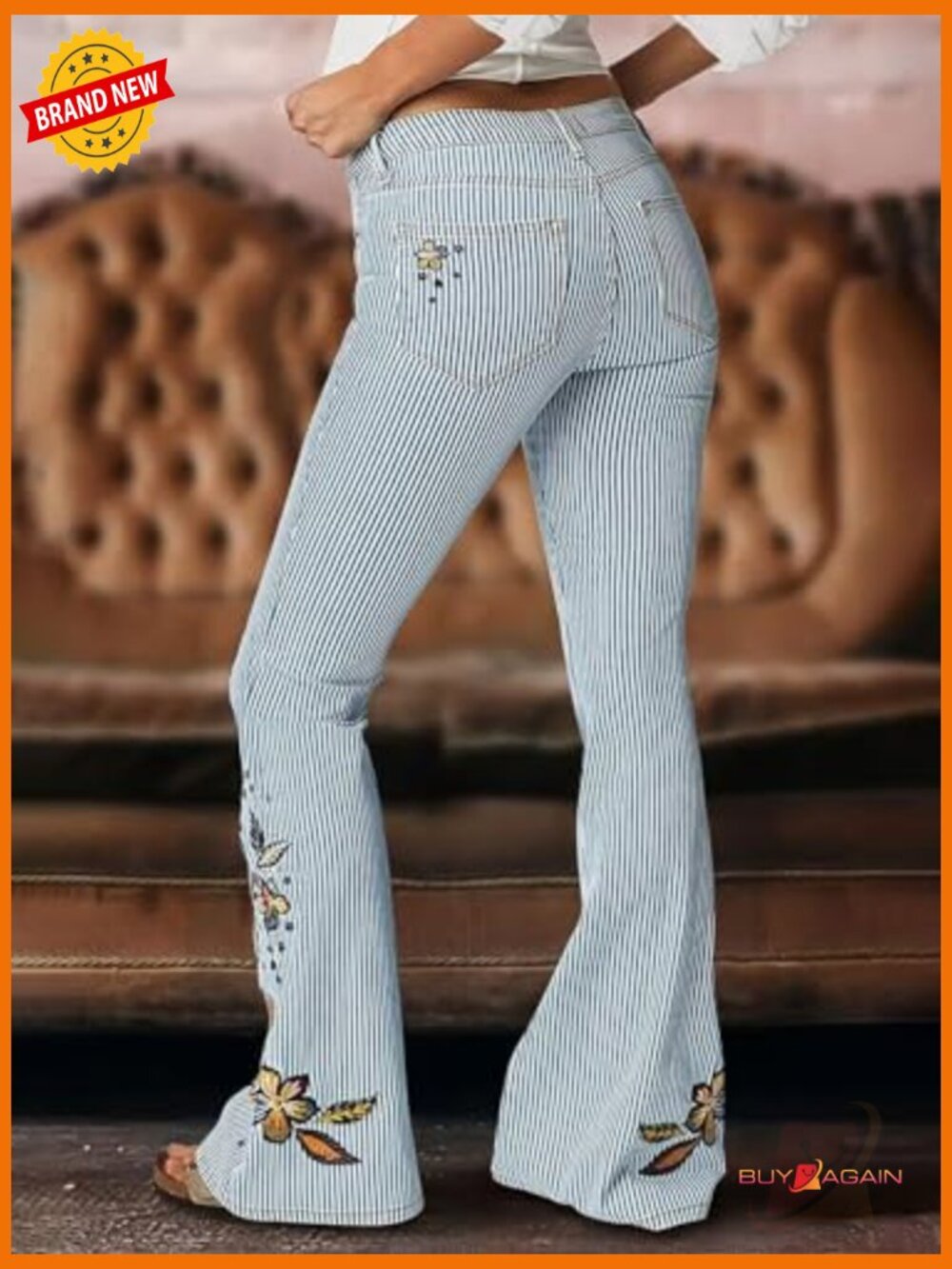 Women's Low Rise Bootcut Jeans with Striped Embroidery Casual Pants - Picture 3 of 7